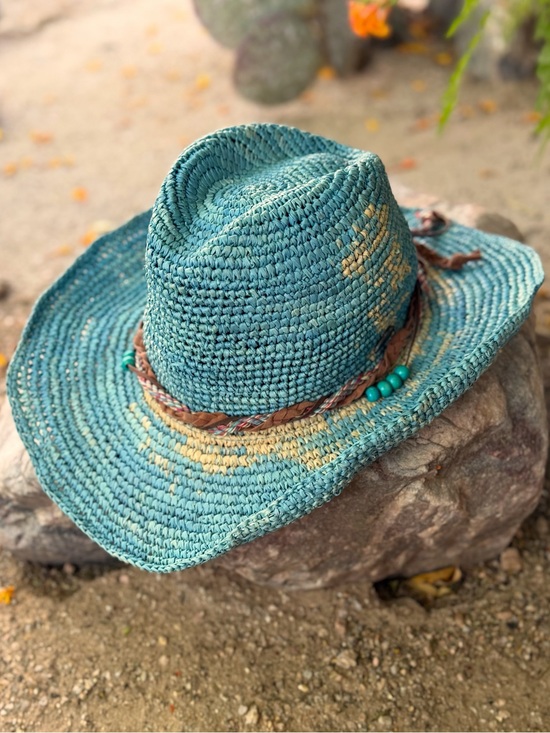 Wallaroo Accessories - WALLAROO Handwoven Teal Straw Sun Hat with Beaded Trim